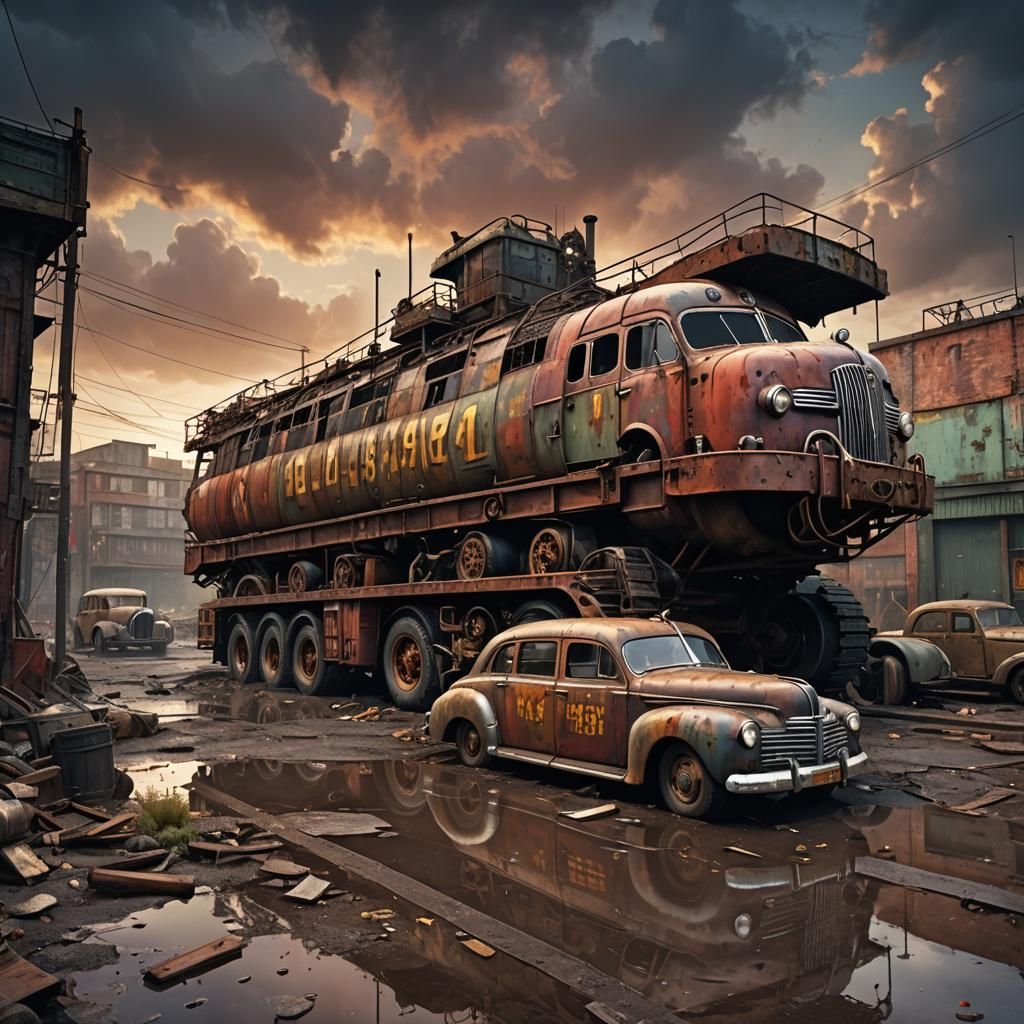 Dieselpunk Car Carrier in Post-War Wasteland