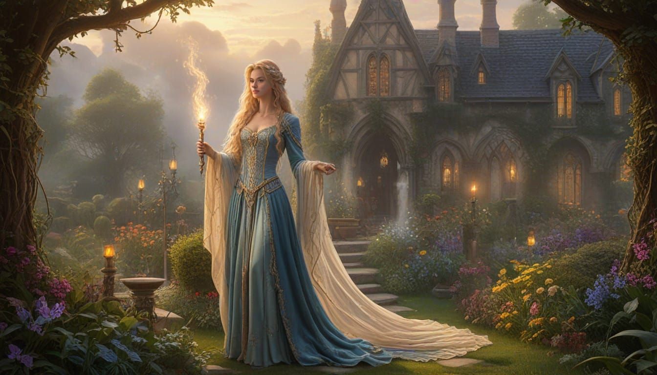 Medieval Sorceress Enshrouded in Mystical Garden