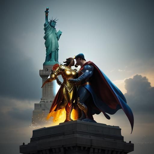 Superman Kisses Liberty in Splash Art Style