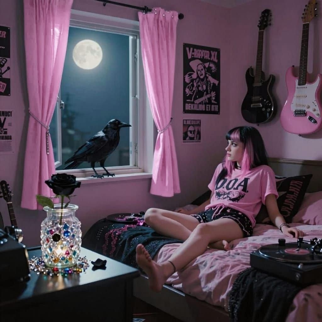 Punk Bedroom Moonlight Scene with Crow and Rose