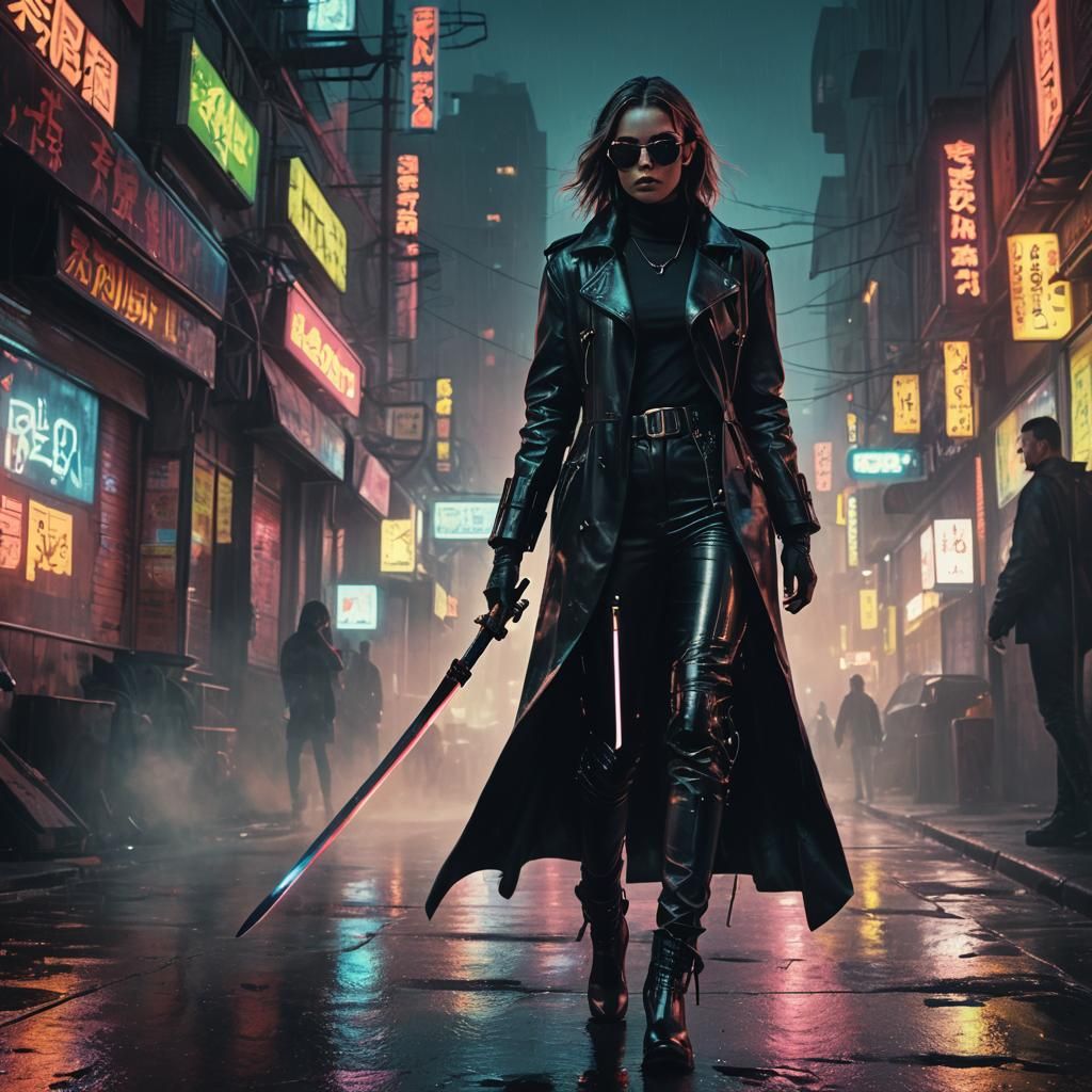 Woman Walks Cyberpunk City Street with Sword