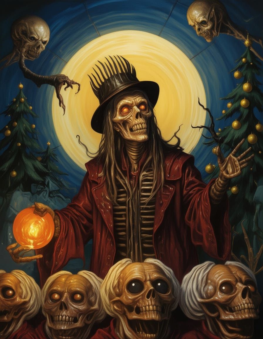 Eerie Storyteller in a Dimly Lit Room: Surreal Oil Painting