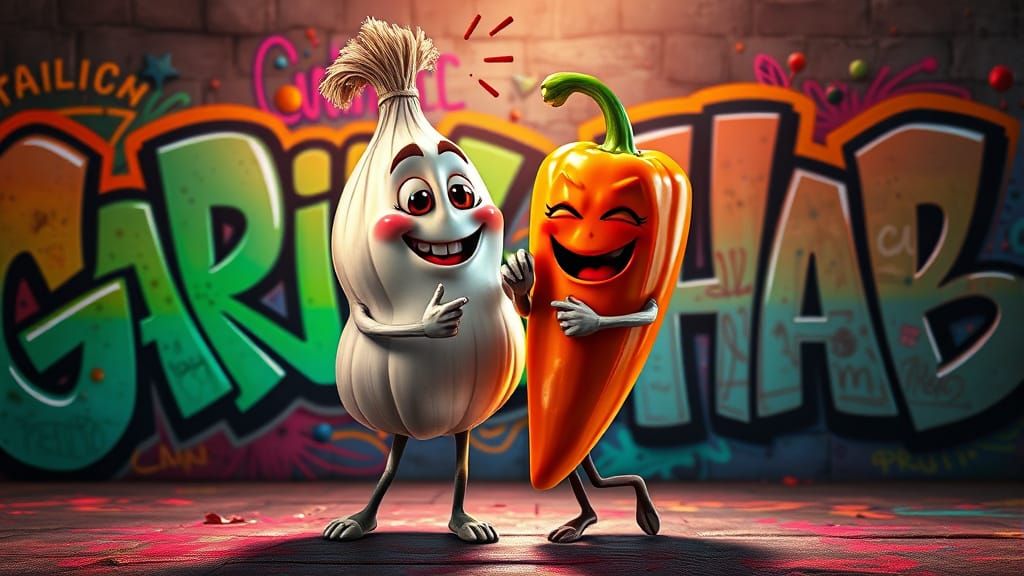 Dancing Cartoon Garlic and Habanero Graffiti Illustration