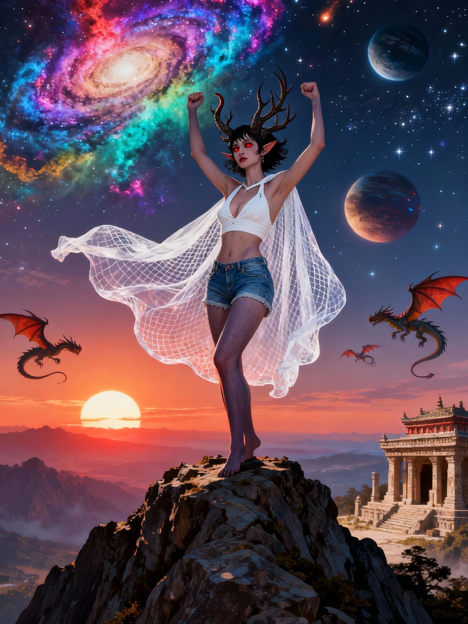 Tiefling Maiden Victorious on Mountain Top Under Nebulae Sky