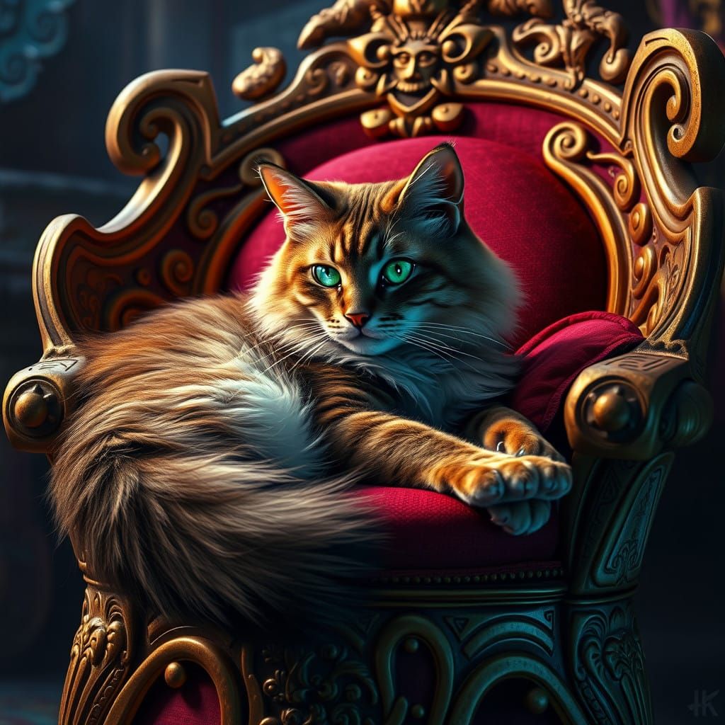 Majestic Cat on Ornate, Gilded Chair in Fantasy Art