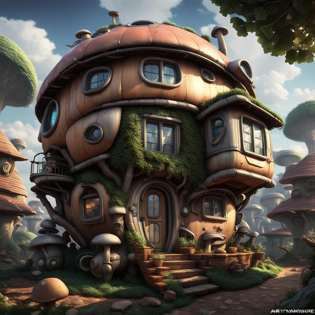 Mushroom House in Wall-E Style, Hyperrealistic 8K