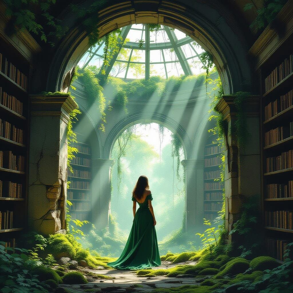 Woman Contemplates Overgrown Library Ruin in Ethereal Light