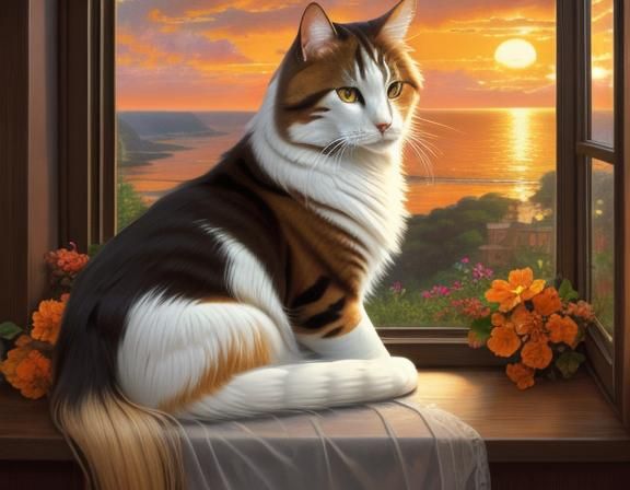Calico Cat Gazing at Sunset, Evoking Pre-Raphaelite Art