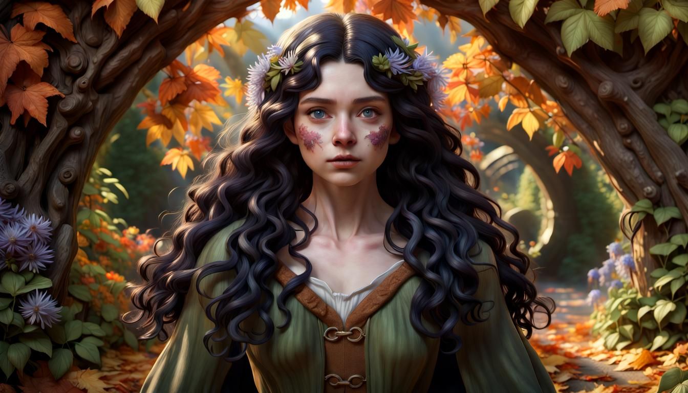 Hyperrealistic Hobbit Woman Portrait in Fantasy Setting