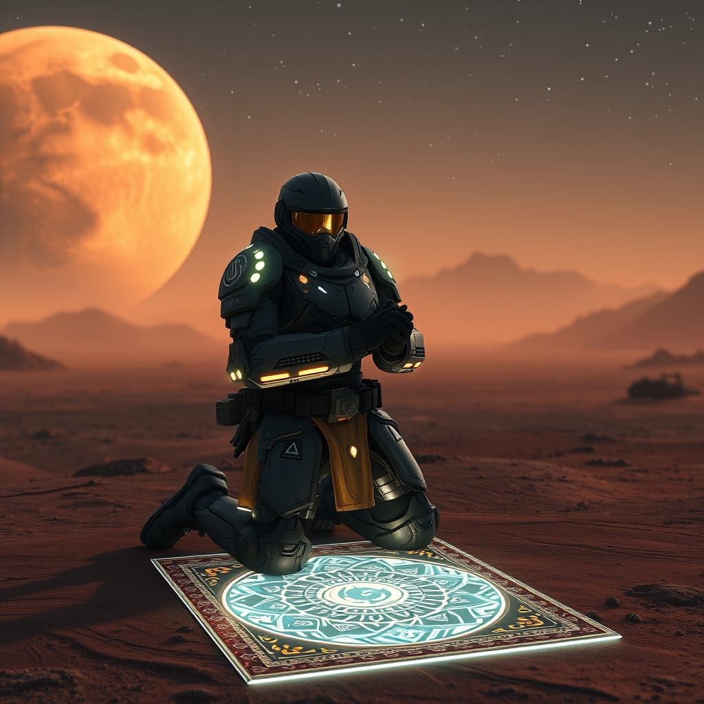 Futuristic Muslim Space Marine Praying on Alien Planet