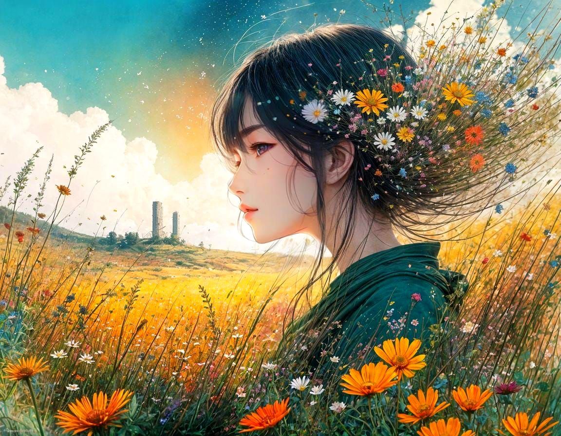 Anime Landscape with Wildflowers in Watercolor Style