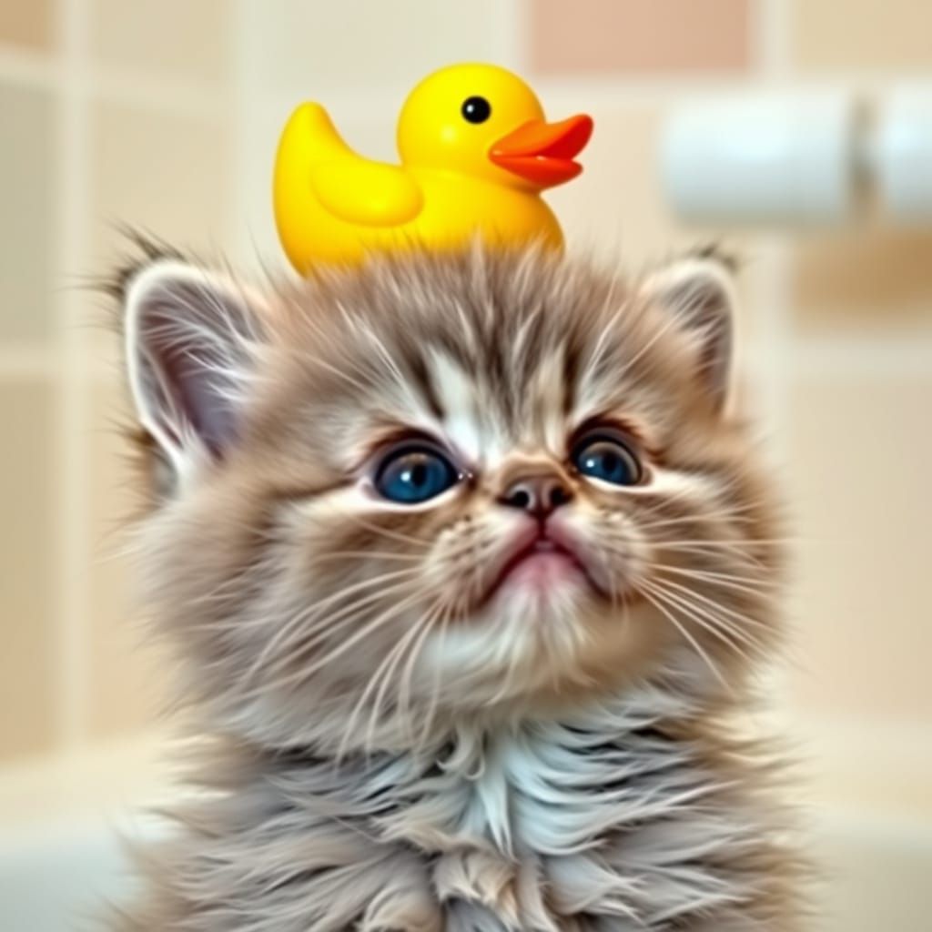 Cute Kitten Wears Rubber Duck in Bathroom Scene