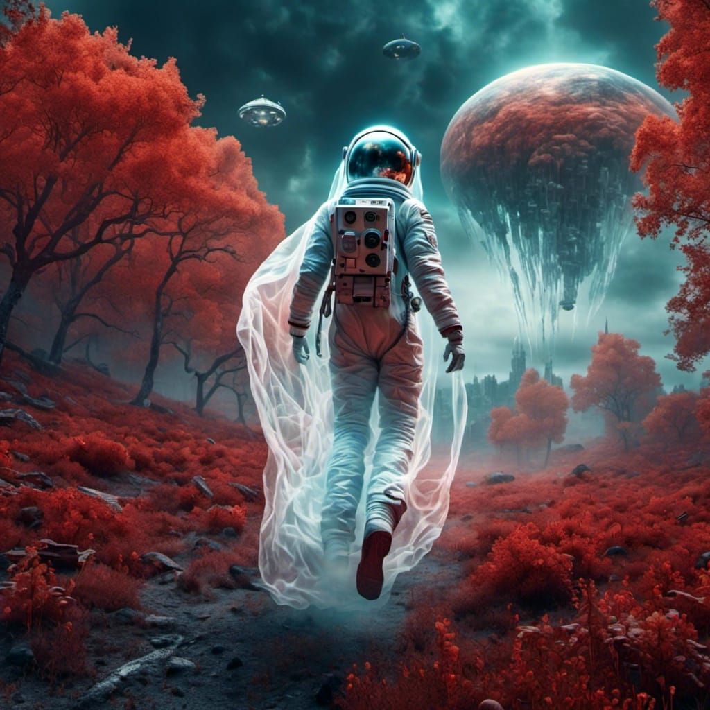 Astronaut Woman Flying Above Martian Landscape