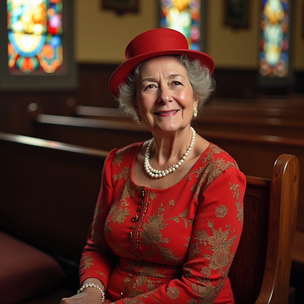 Woman in Vibrant Red Dress Attends Worship Service in a Sere...