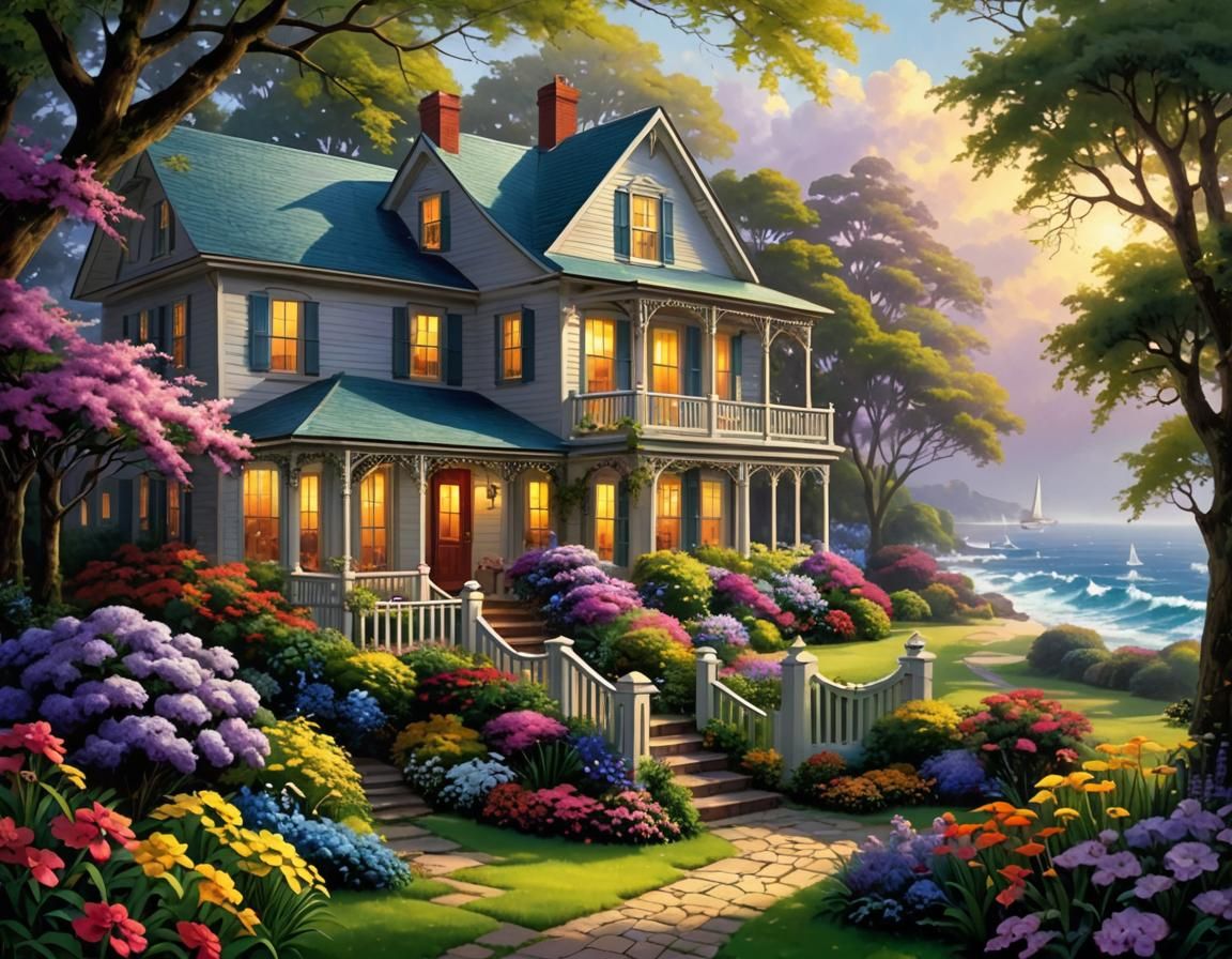 Serene Garden Scene with Lighthouse in Vivid Colors