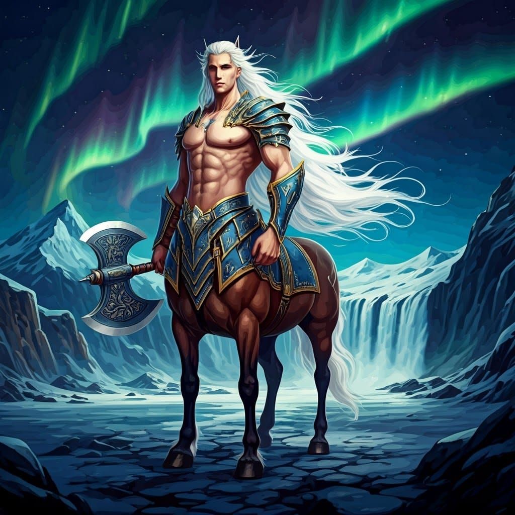 Armored Centaur on Snowy Mountain with Aurora