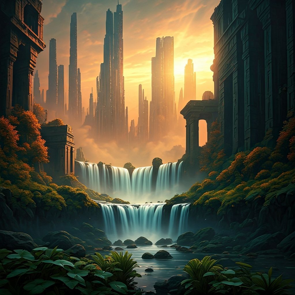 Cyberpunk Autumn Waterfall at Sunset Ruins