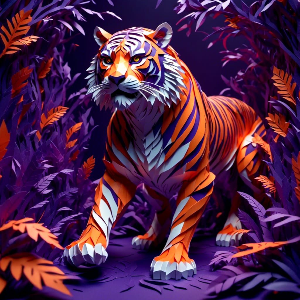 Papercraft Tiger Sculpture in Jungle Foliage