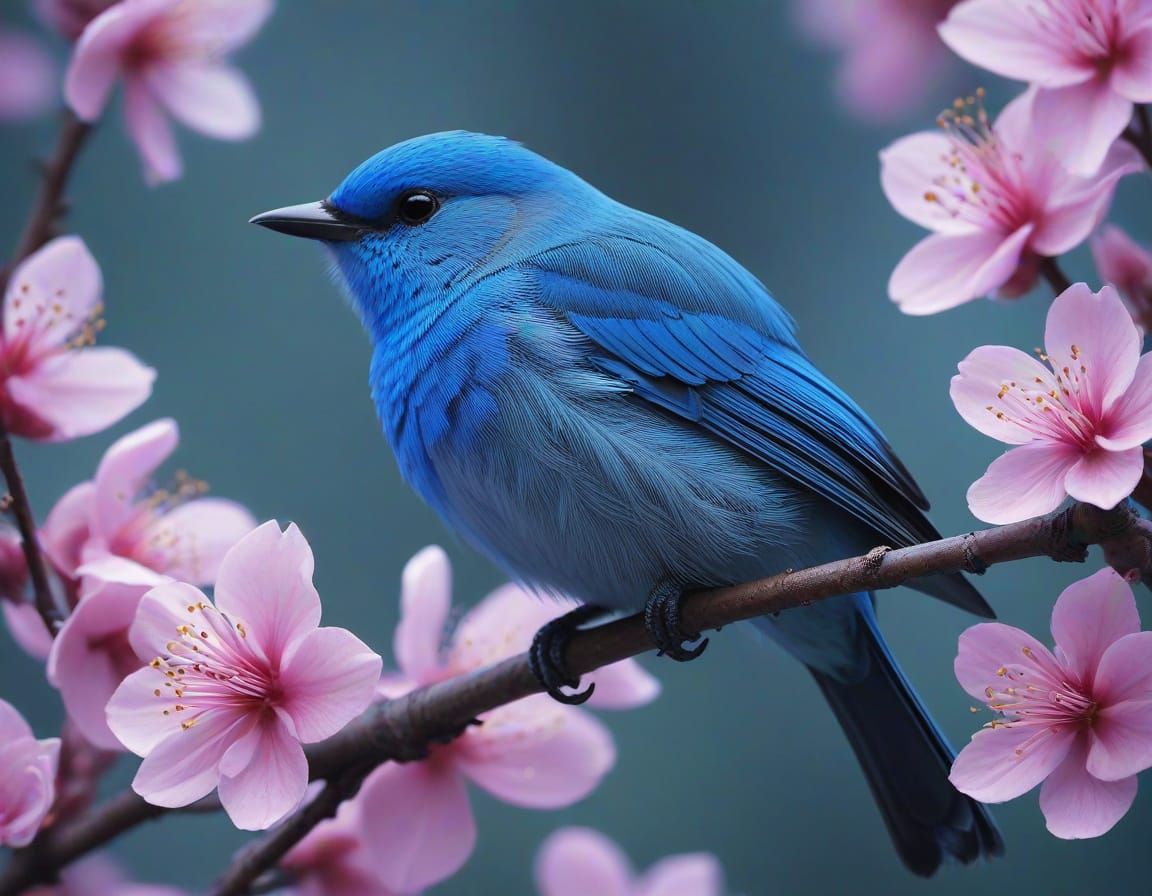 Bioluminescent Bird in Blue Blossom Brilliance