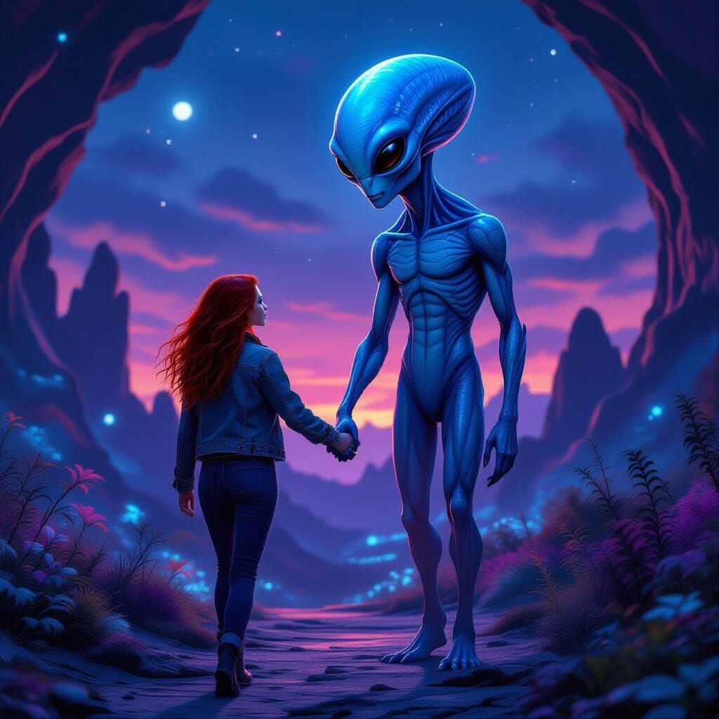 Woman and Alien Emerge from Mysterious Landscape