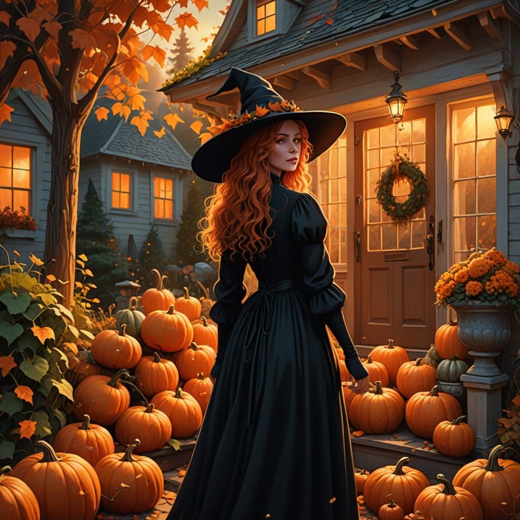 Whimsical Witch Decorates Porch with Pumpkins