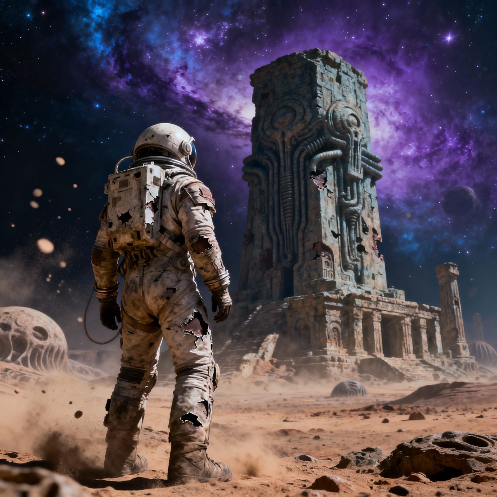 Astronaut on Alien Planet Amidst Cosmic Ruins