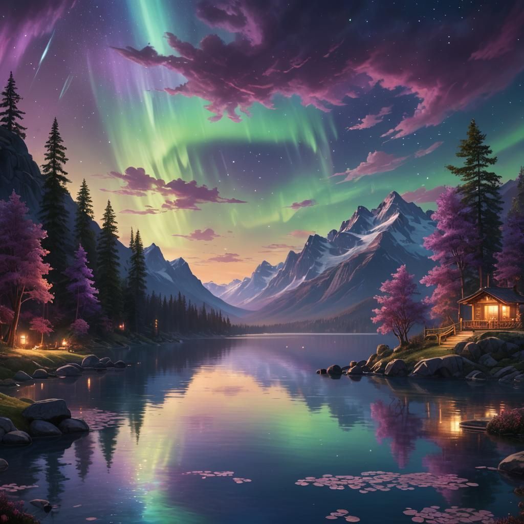 Aurora Borealis Over Lake at Dusk: Fantasy Art