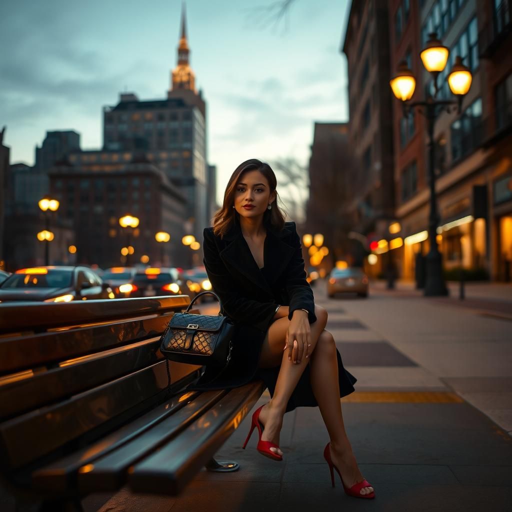 Elegant Woman in Cityscape at Dusk: Photorealistic Art