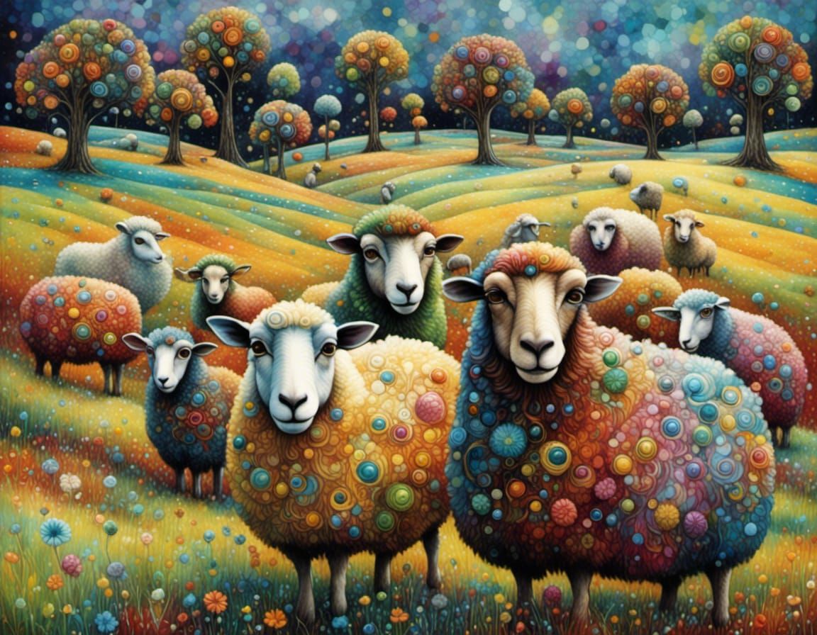 Dreamy Colorful Sheep on Fantasy Hillside
