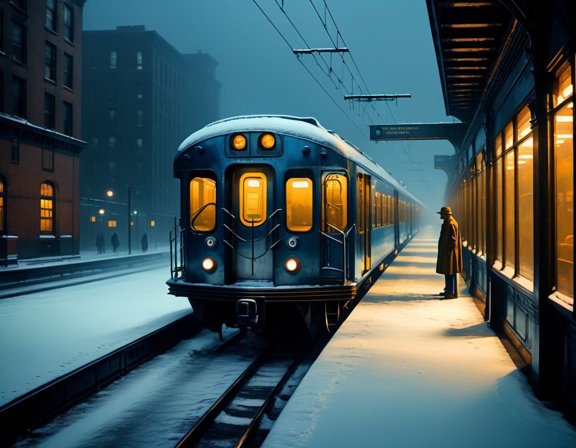 Chicago L Train in Night Blizzard, Edward Hopper Style