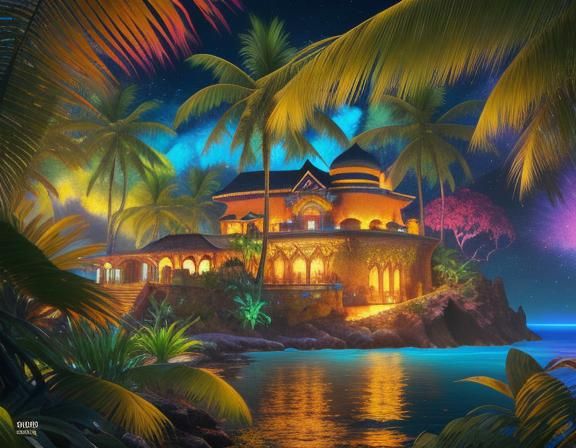 Tropical Island Fortress in Dreamlike Oil Painting
