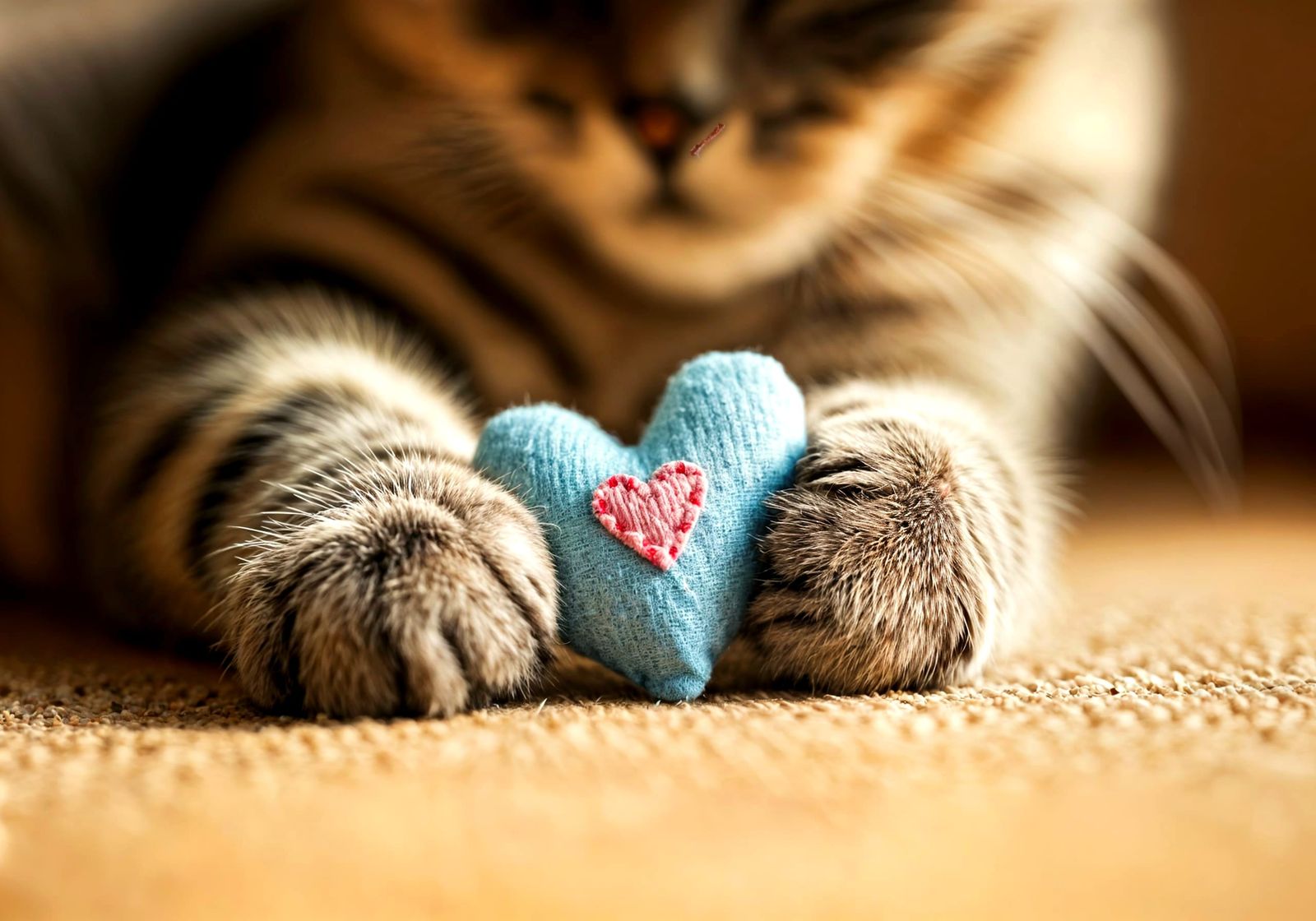 Feline Paws Hold Tiny Heart-Shaped Toy in Cozy Home Setting