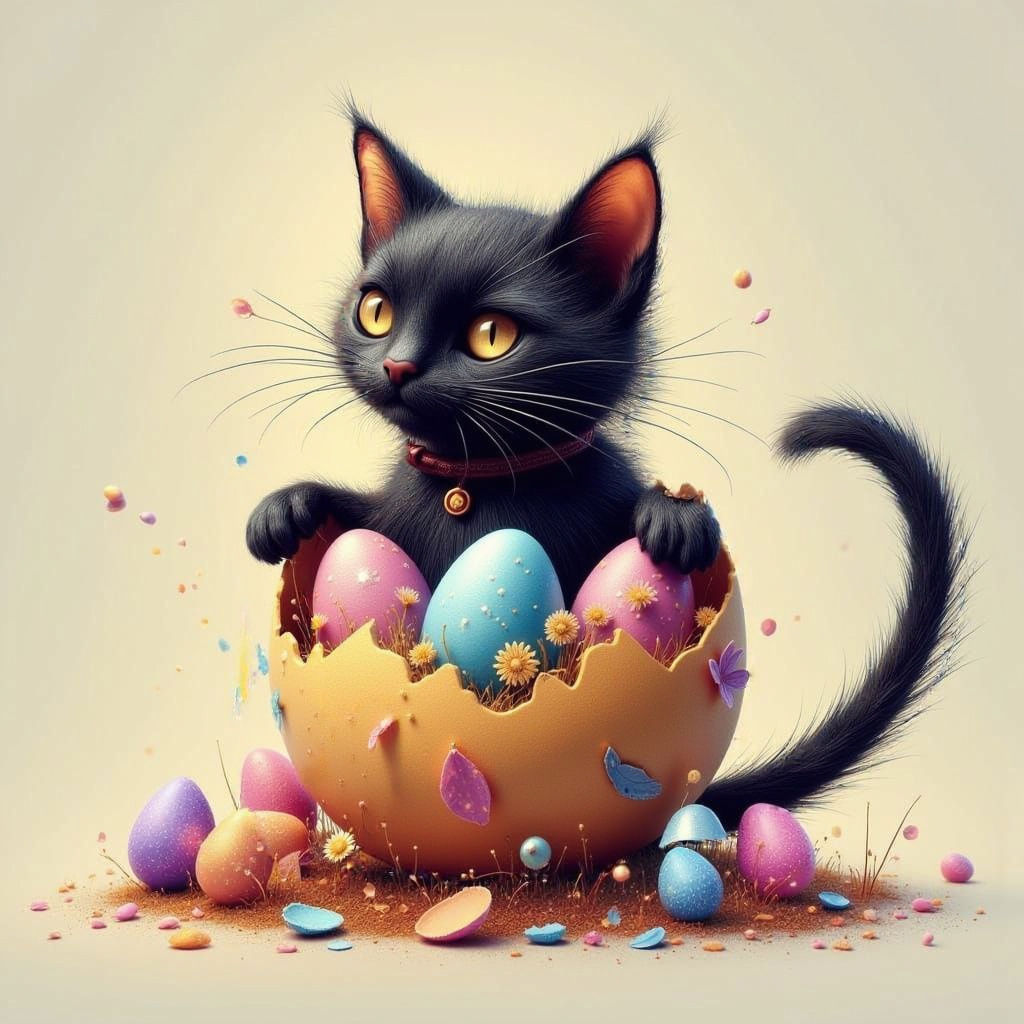 Fairy Lit Easter Cat Emerges from Egg