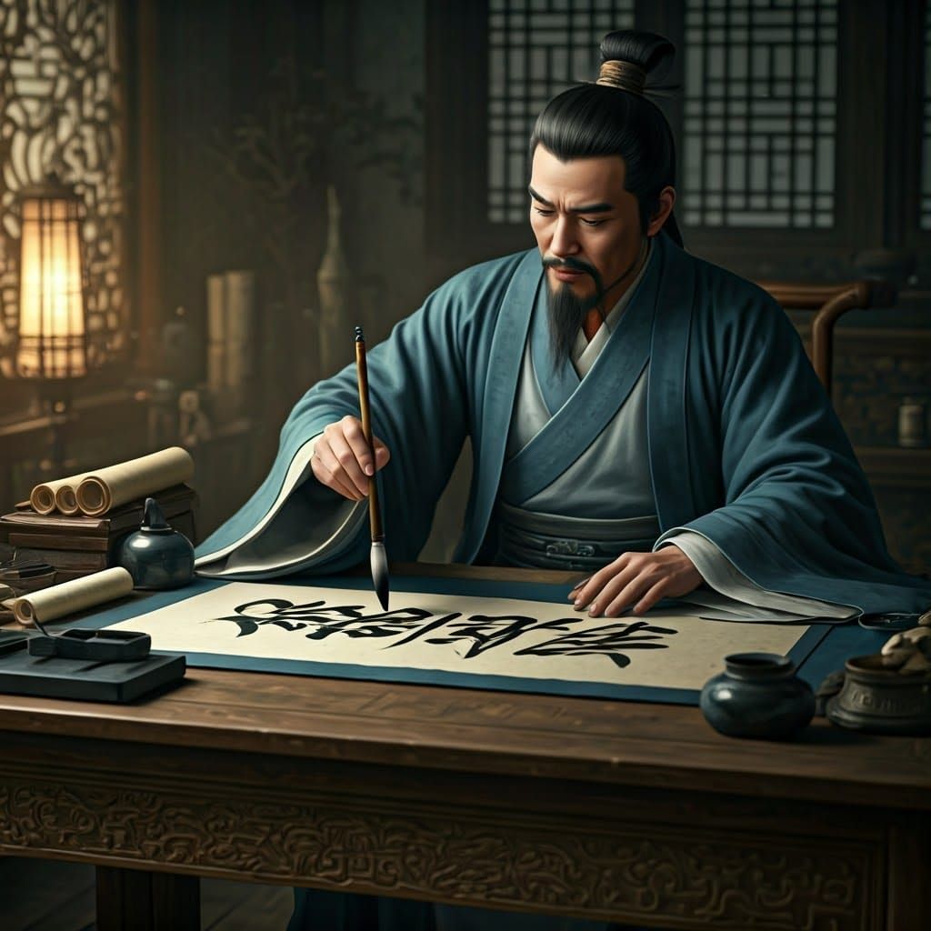 Chinese Scholar Practicing Calligraphy in Golden Light