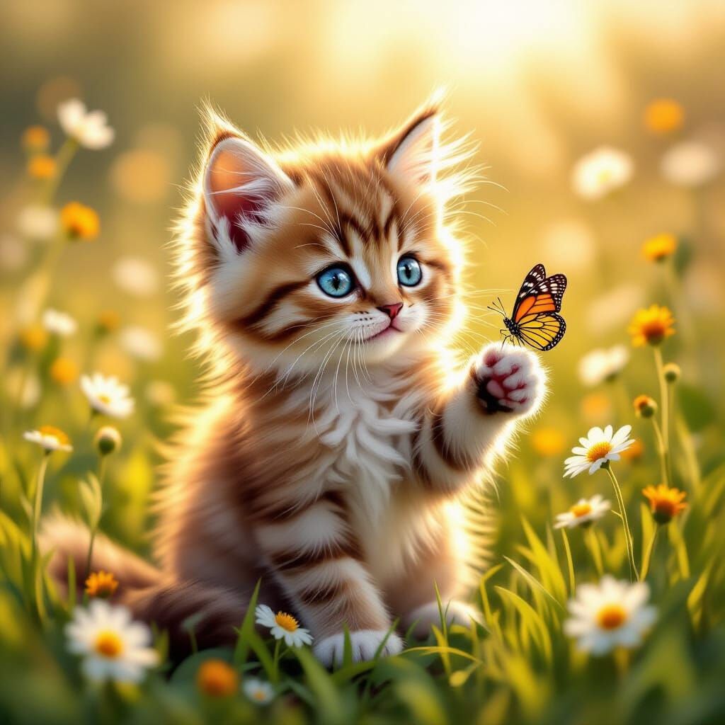 Adorable Fluffy Kitten Playing with Butterfly in Wildflowers