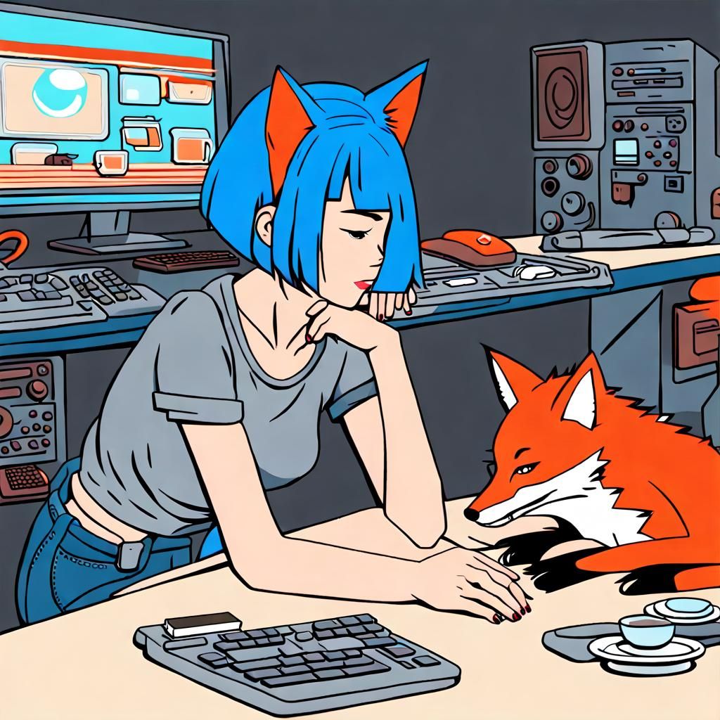 Girl with Fox in Retrofuturistic Room, 3D Render