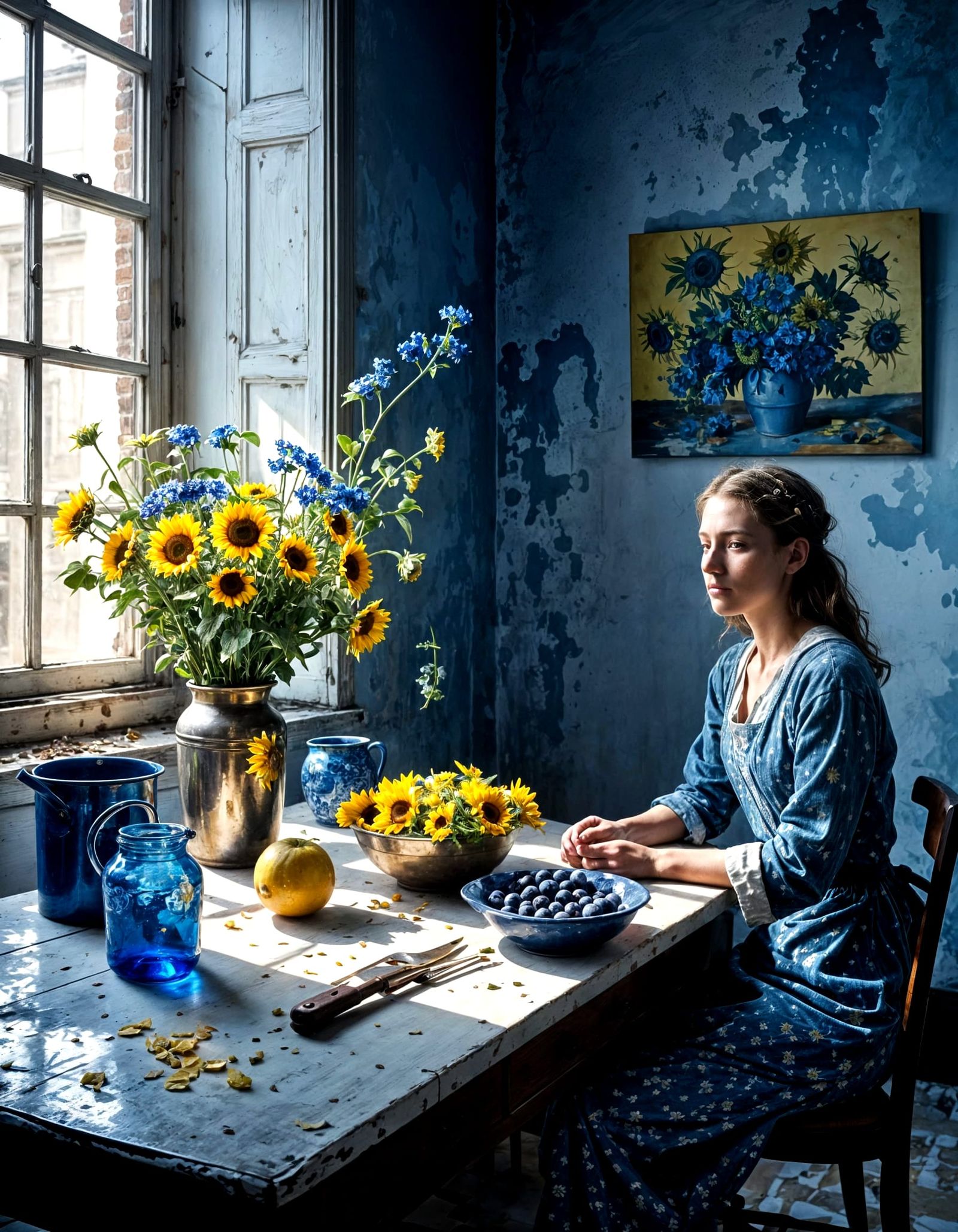 Sunflowers in Copper Bucket: Hyperrealistic Still Life