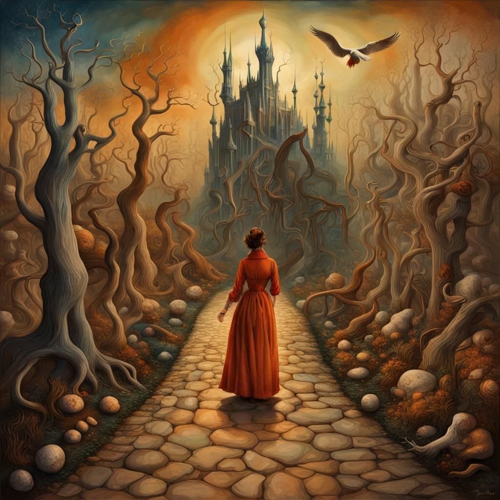 Surreal Dreamscape with Long Path in Dark Fantasy Style
