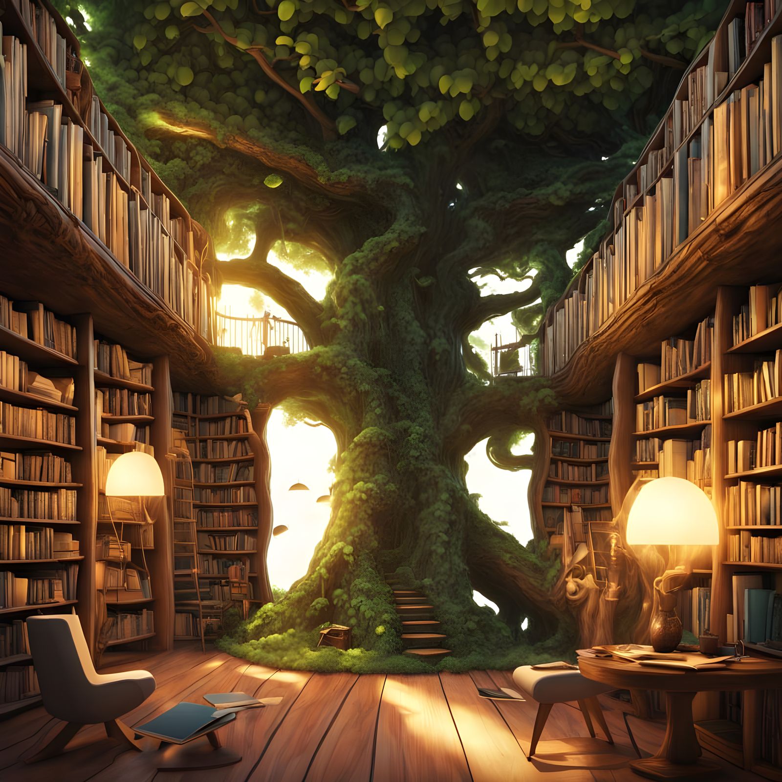 Whimsical Treehouse Library Amidst a Lush Forest