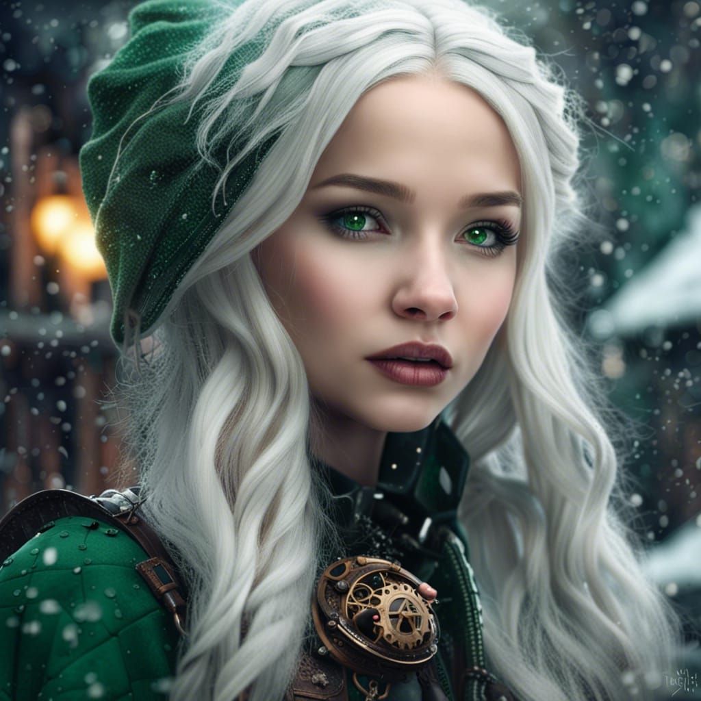 Steampunk Snow Portrait of Woman with Green Eyes