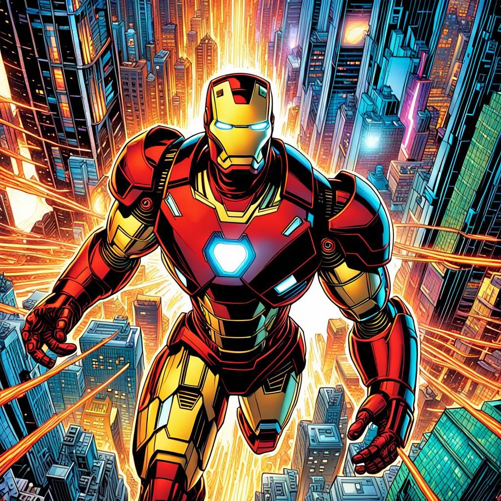 Heroic Iron Man in Futuristic City, Comic Book Art