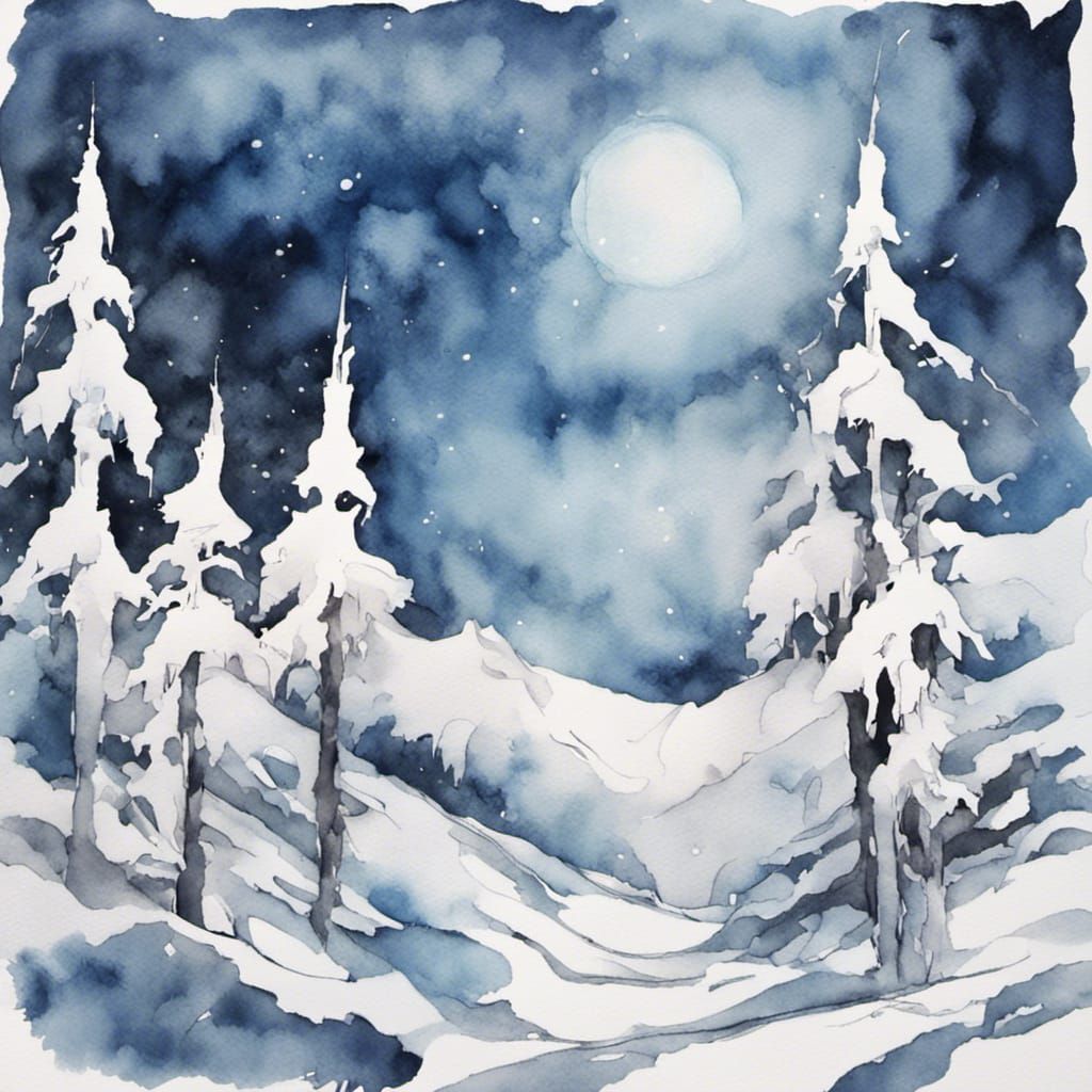 Winter Landscape in Blue Watercolor Ink Style
