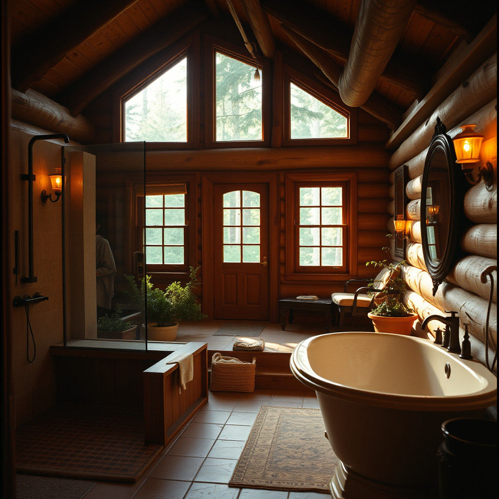 Inviting Rustic Log Cabin Bathroom in Golden Light