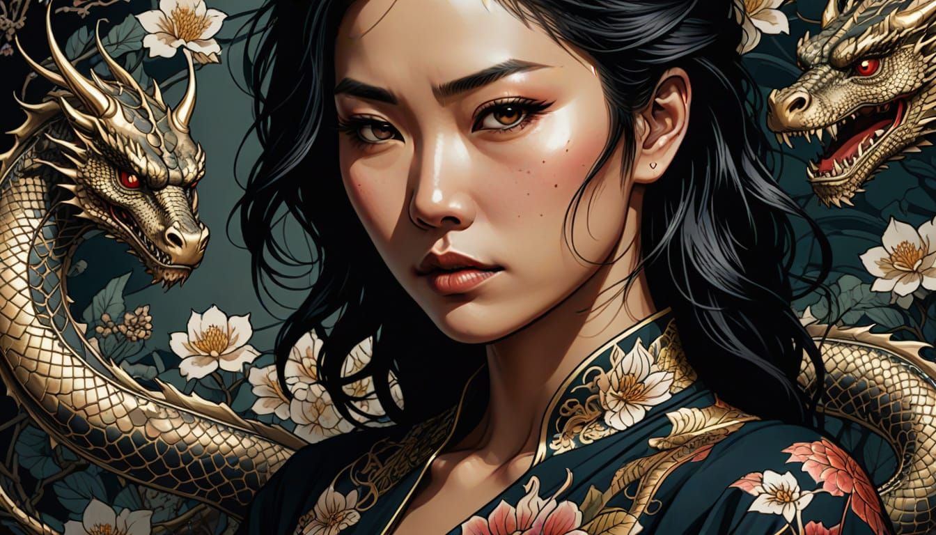 Japanese Woman with Dragon Tattoo in Comic Book Style
