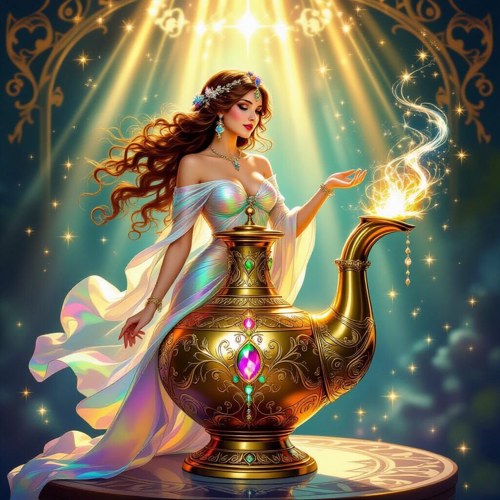 Ethereal Woman Emerges from Ornate Genie Bottle