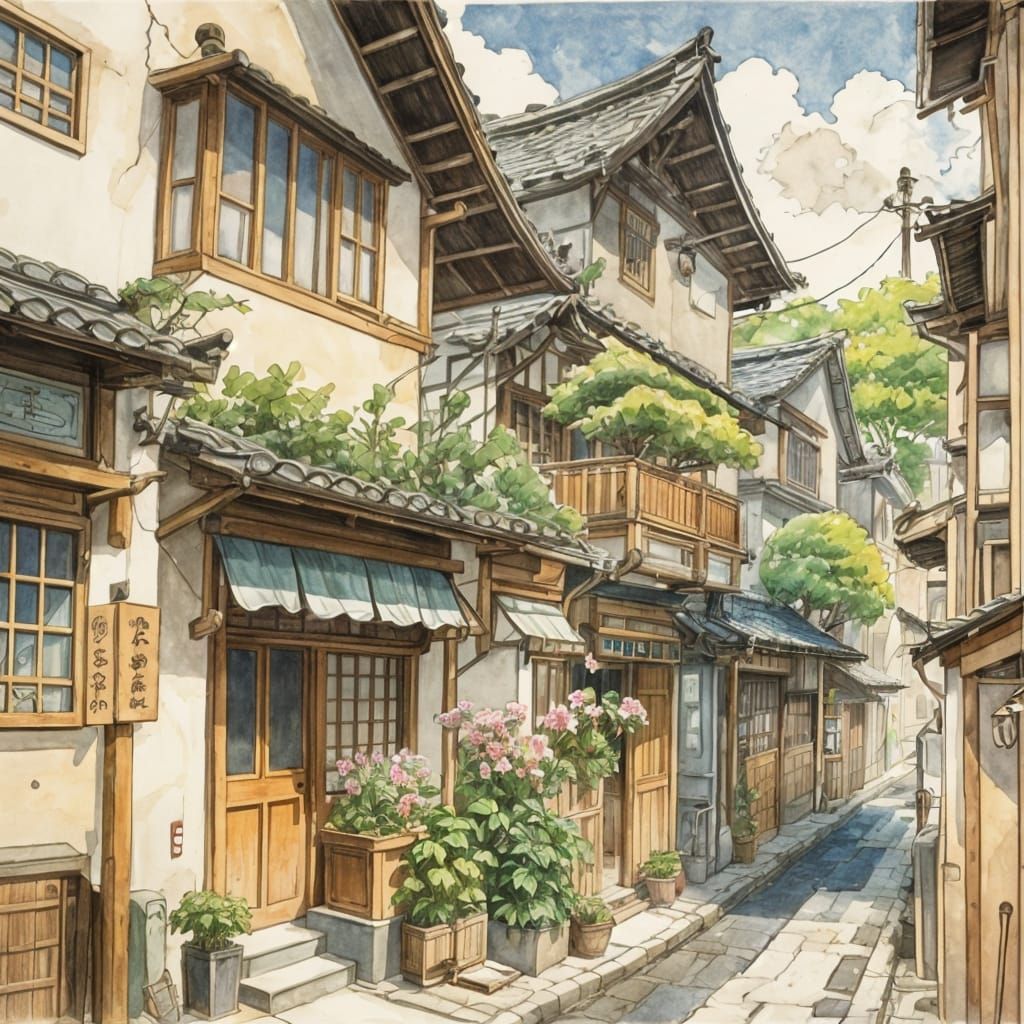 Japanese Street Scene in Watercolour Style