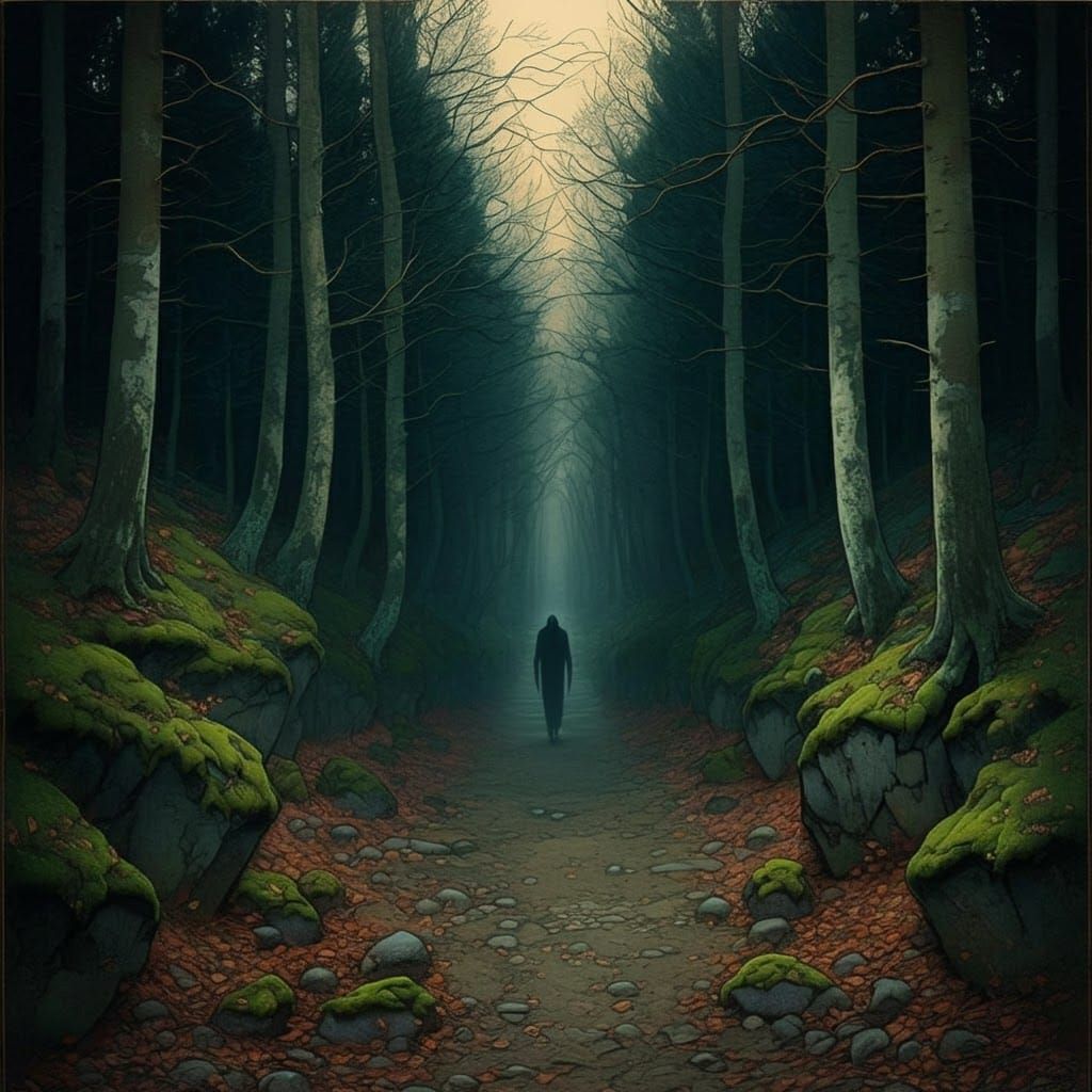 Sinister Figure on Forest Pathway in Digital Art