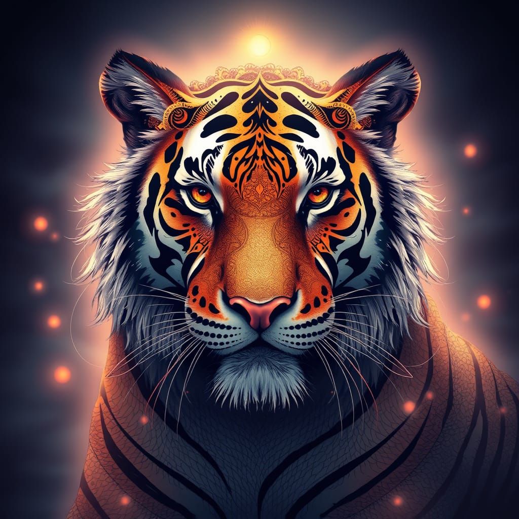 A mesmerizing zentangle artwork of a tiger, illuminated by a...