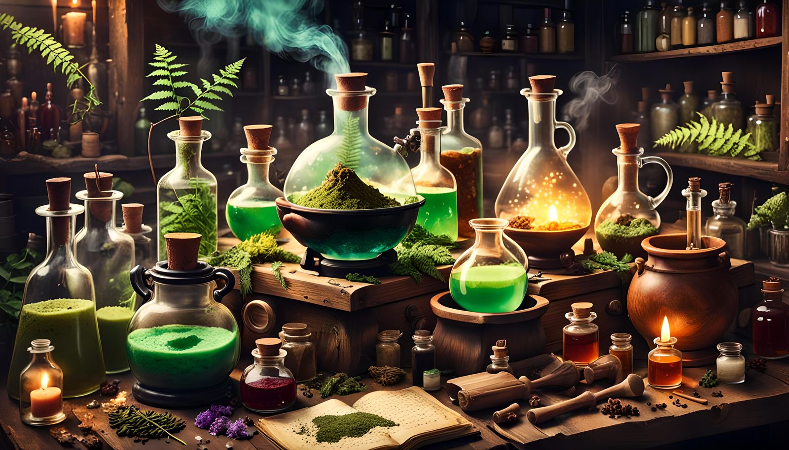 Aetherpunk Apothecary Lab with Potions and Herbal Remedies
