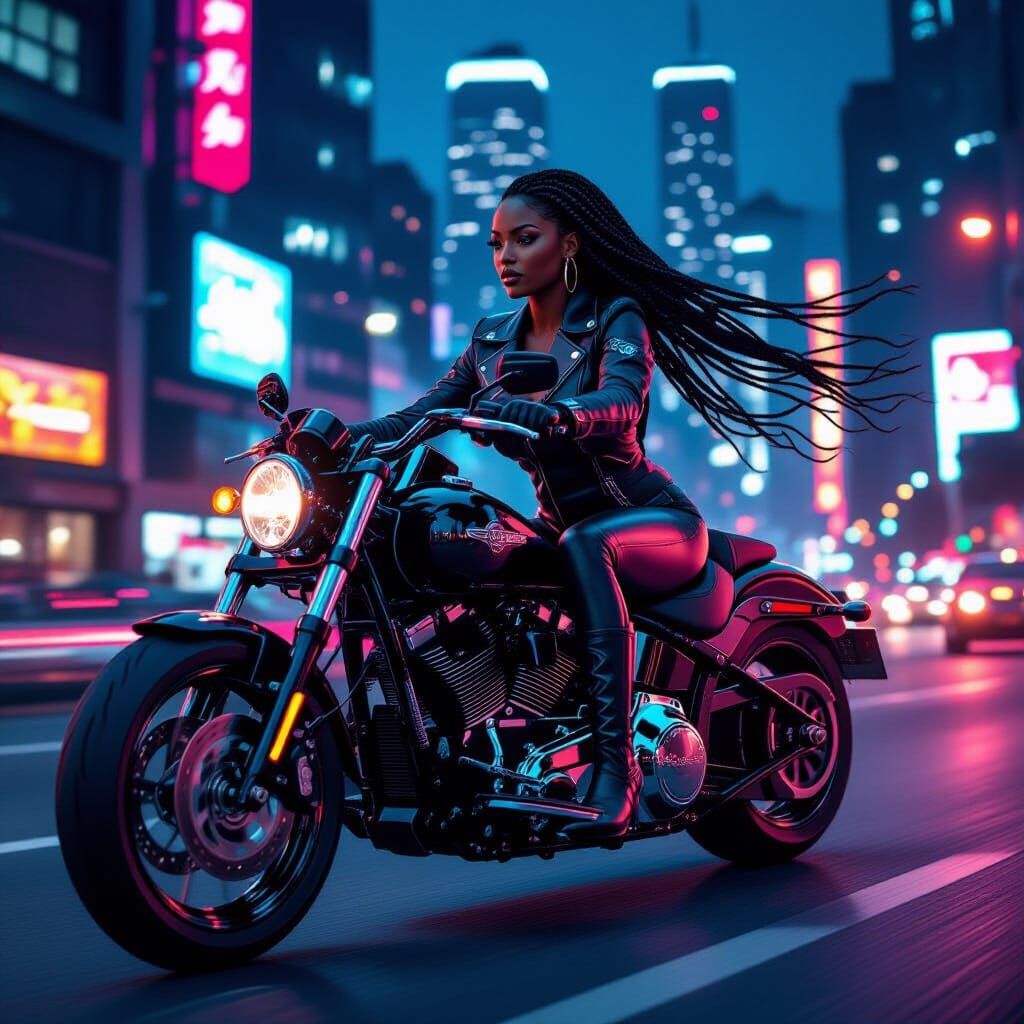 Black Woman Riding Motorcycle in Neon City at Night